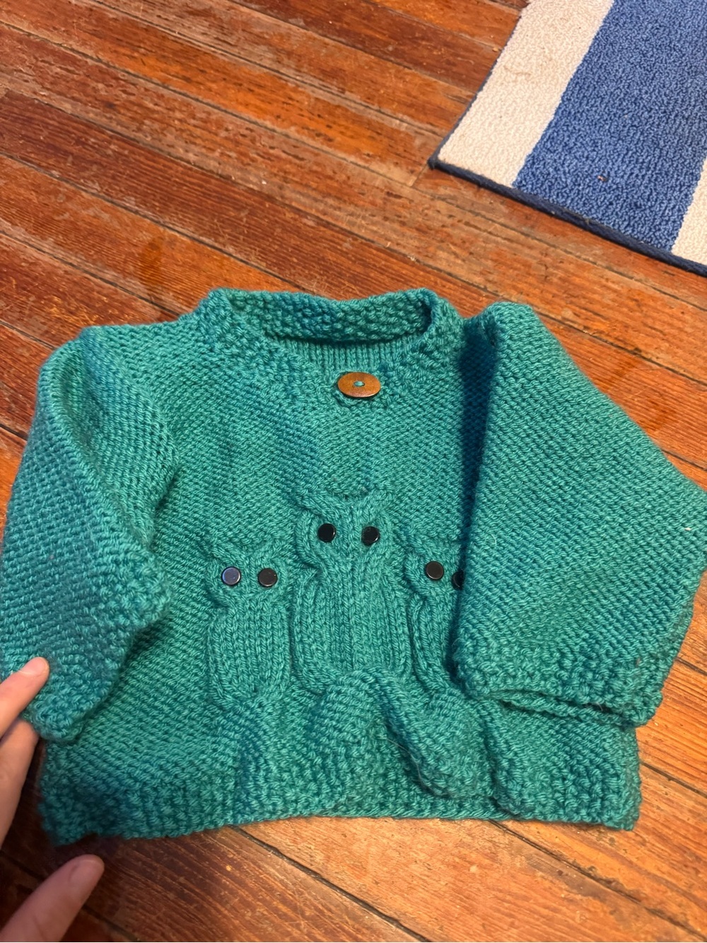 Hand-Knit Teal Owl Sweater - baby Cozy Pullover